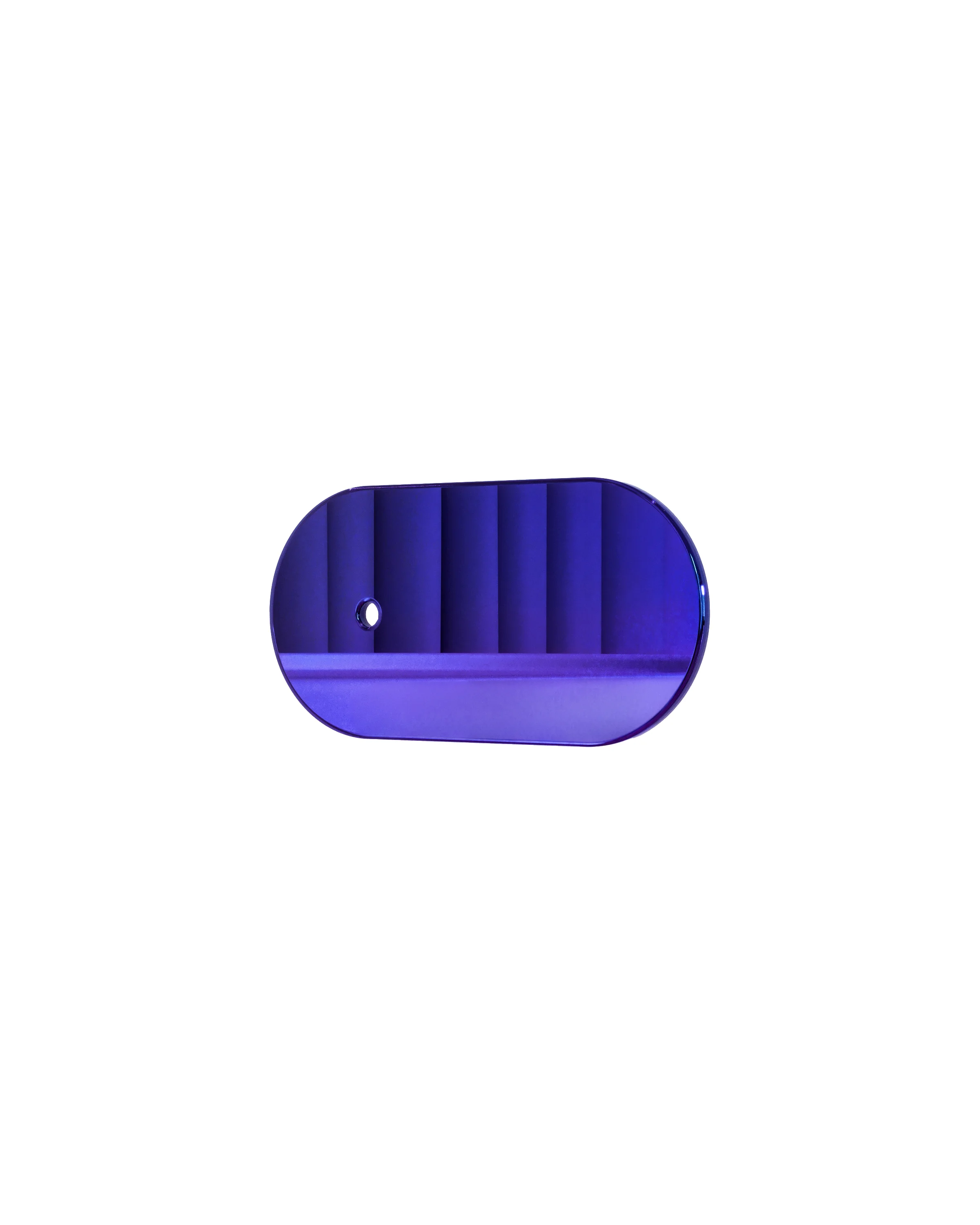 Oval, purple pad with rounded sides, with a small, round hole on the left. The pad is placed on a white background. 